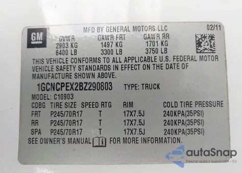 2011 Chevrolet Silverado 1500 Work Truck from USA, damaged, VIN 1GCNCPEX2BZ290803